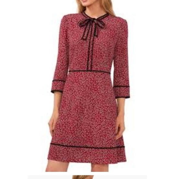 CECE Piping Detail Bow Neck Midi Dress - Red Floral - Size 2X - Picture 1 of 5